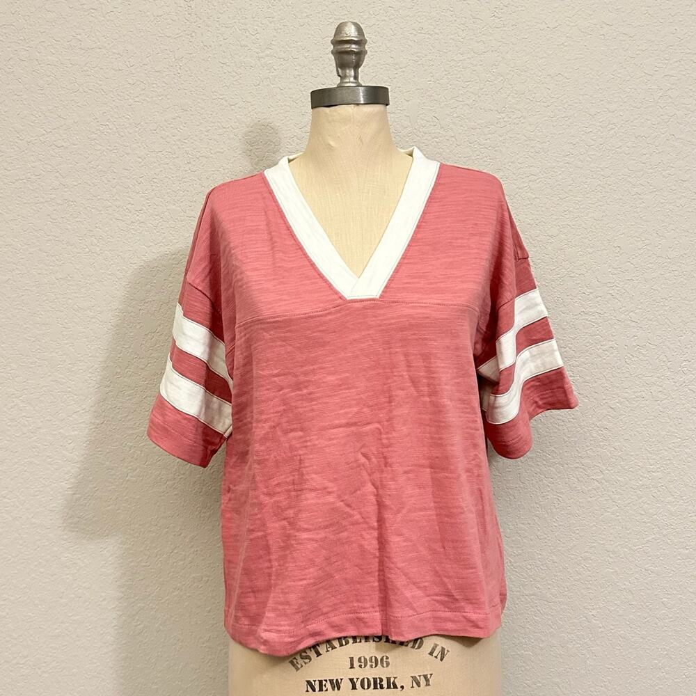 FAHERTY Sunwashed Slub Varsity T-Shirt Coral Pink Striped Cotton Tee NWT